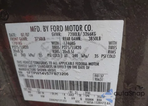 2007 Ford F-150 Fx4/Lariat/Xlt from USA, damaged, VIN 1FTPW14V57FB73206